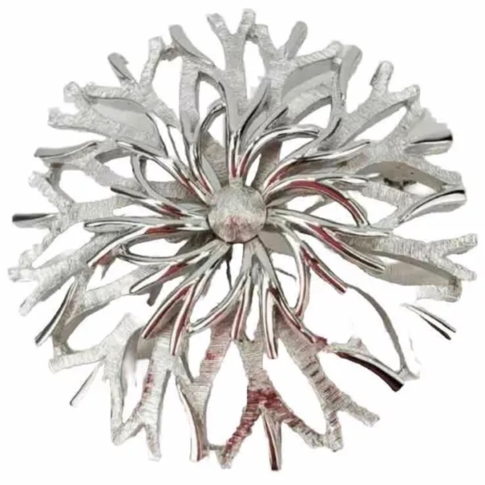 Vtg Crown Trifari Brooch Round Floral Shiny Brushed Silver-Tone 1.5” 60s 70s